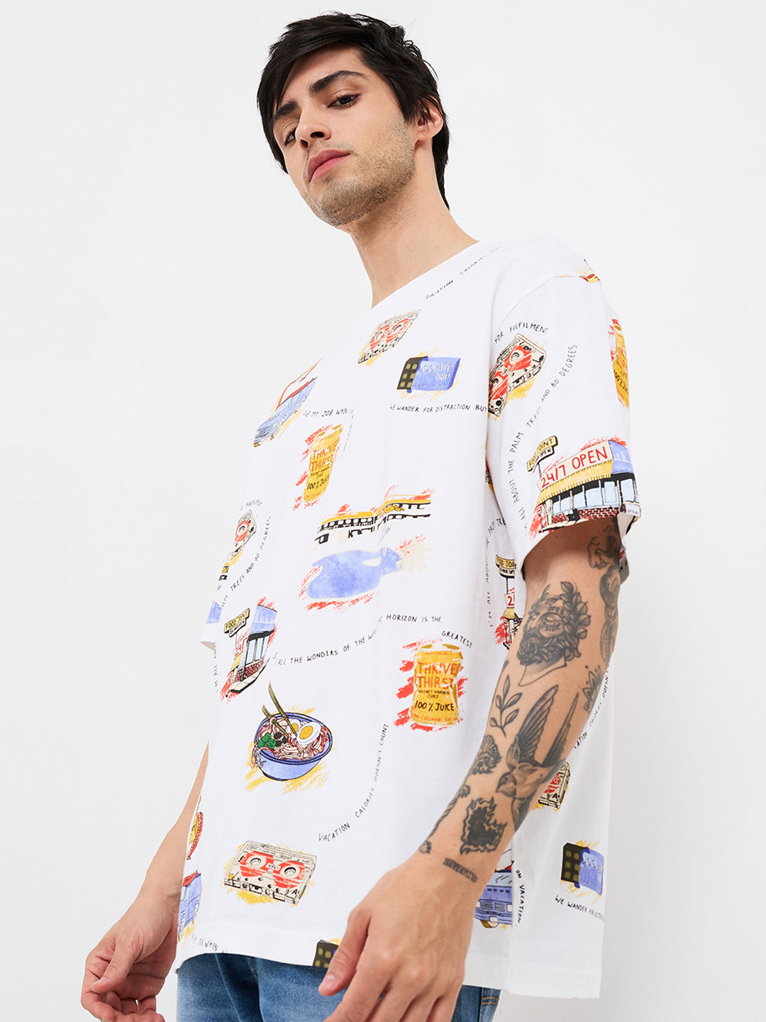 Spykar White Loose Fit Printed Half Sleeve T-Shirt For Men