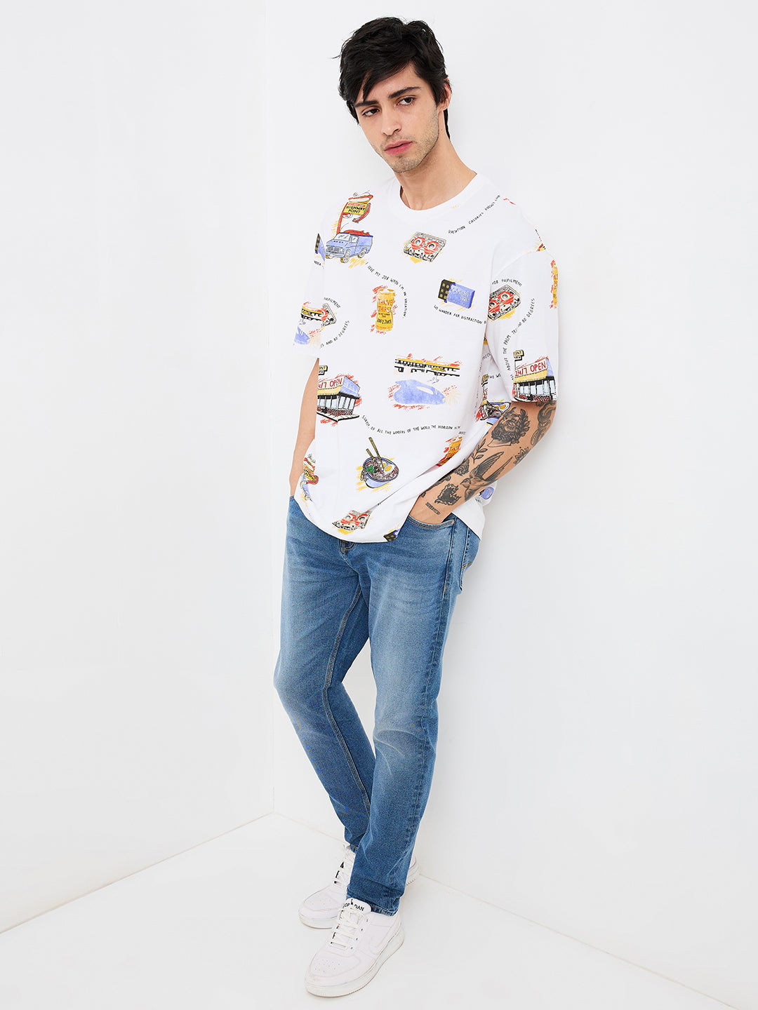 Spykar White Loose Fit Printed Half Sleeve T-Shirt For Men