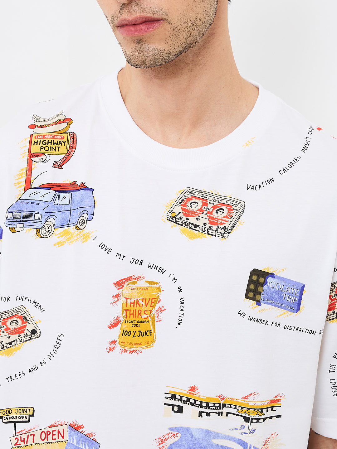 Men T-Shirt White Print Loose Fit