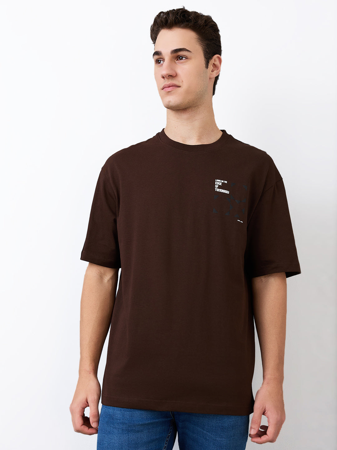 Spykar Brown Loose Fit Solid Half Sleeve T-Shirt For Men