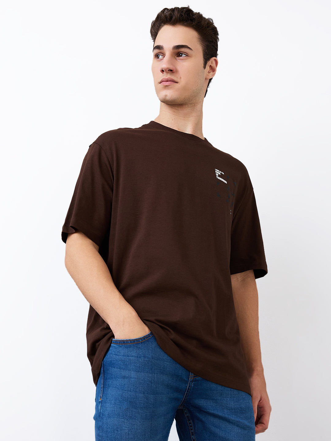 Spykar Brown Loose Fit Solid Half Sleeve T-Shirt For Men
