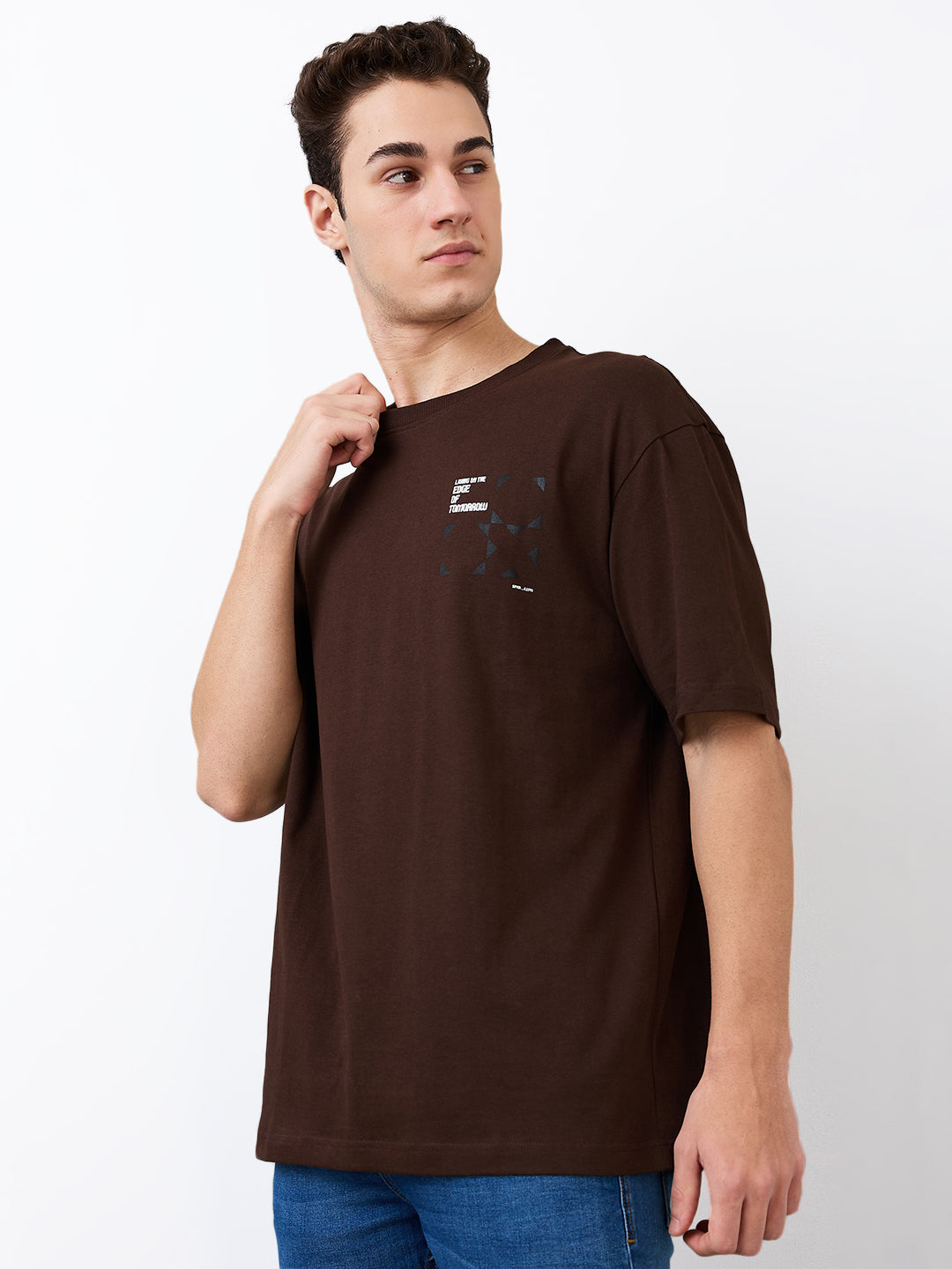 Spykar Brown Loose Fit Solid Half Sleeve T-Shirt For Men