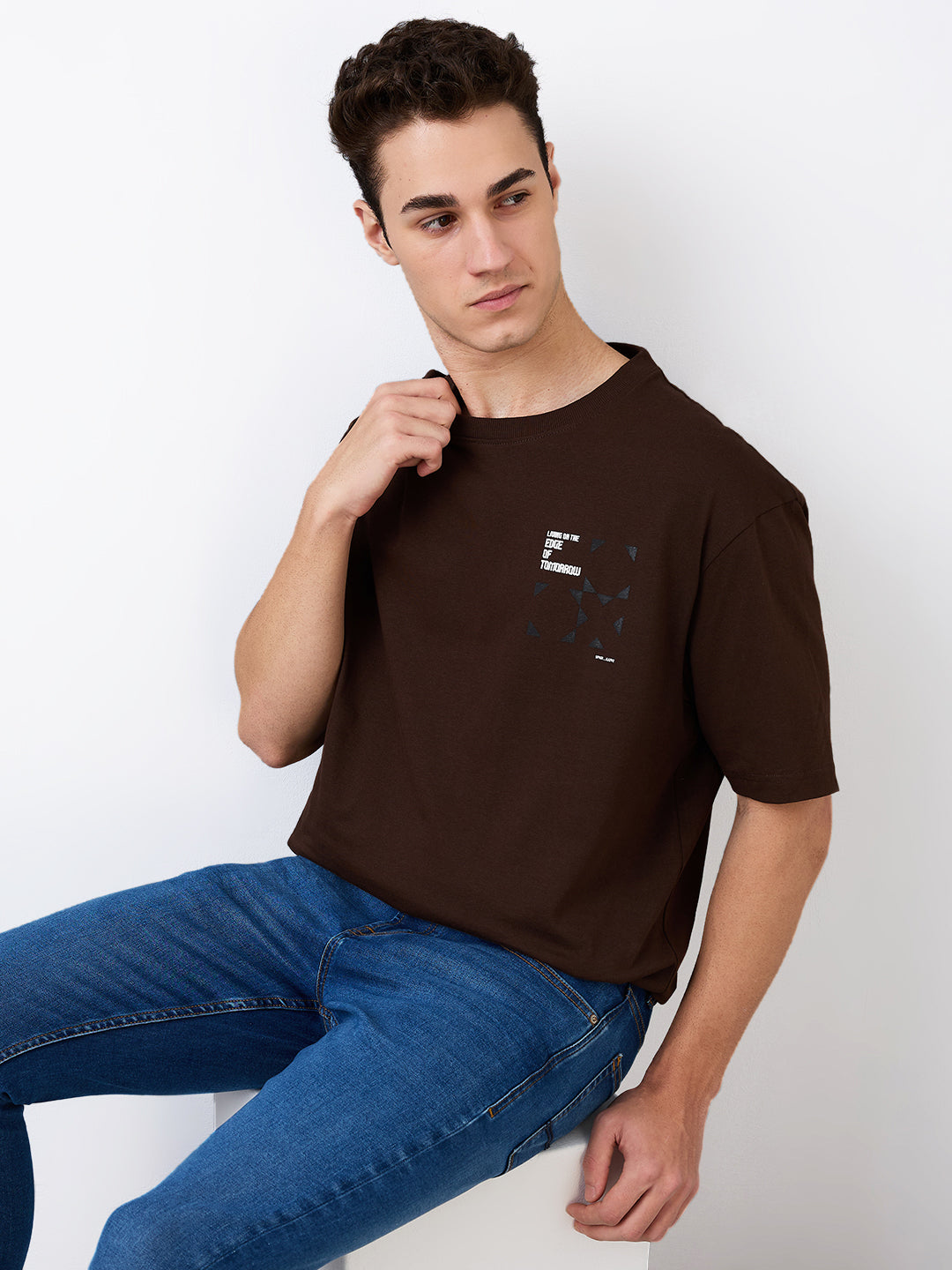 Spykar Brown Loose Fit Solid Half Sleeve T-Shirt For Men