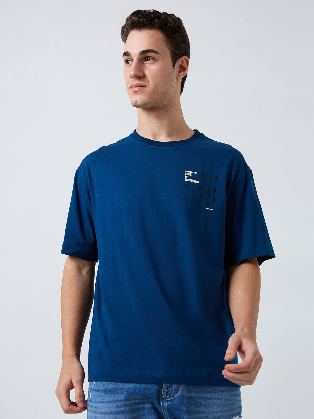 Spykar Blue Loose Fit Solid Half Sleeve T-Shirt For Men