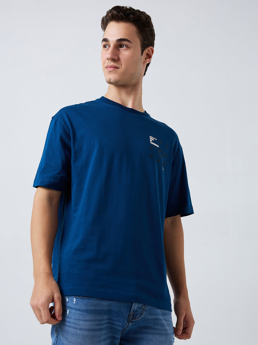 Spykar Blue Loose Fit Solid Half Sleeve T-Shirt For Men