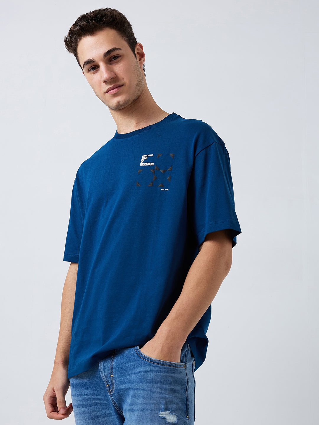 Spykar Blue Loose Fit Solid Half Sleeve T-Shirt For Men