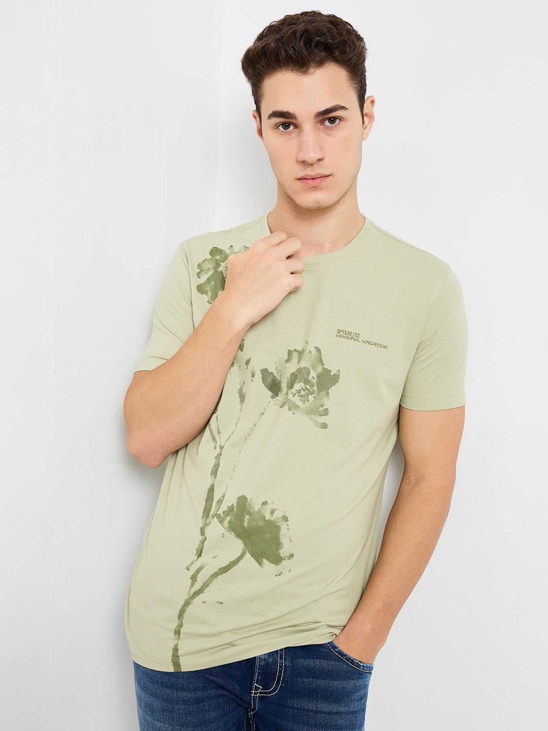 Spykar Green Slim Fit Solid Half Sleeve T-Shirt For Men