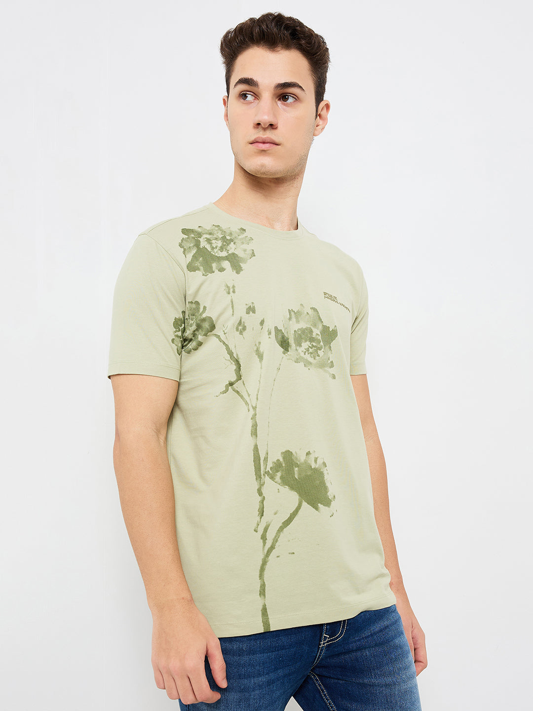 Spykar Green Slim Fit Solid Half Sleeve T-Shirt For Men