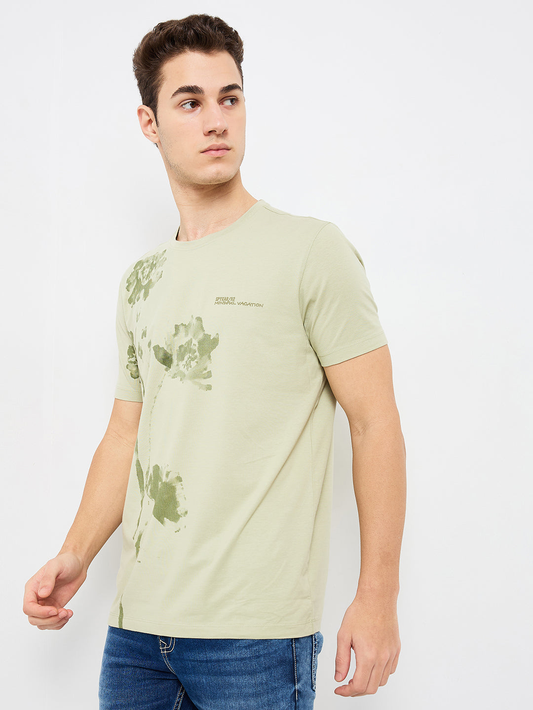 Spykar Green Slim Fit Solid Half Sleeve T-Shirt For Men