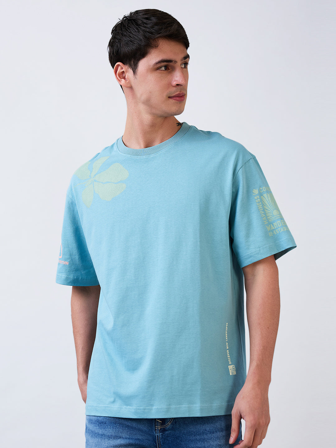 Spykar Blue Loose Fit Solid Half Sleeve T-Shirt For Men