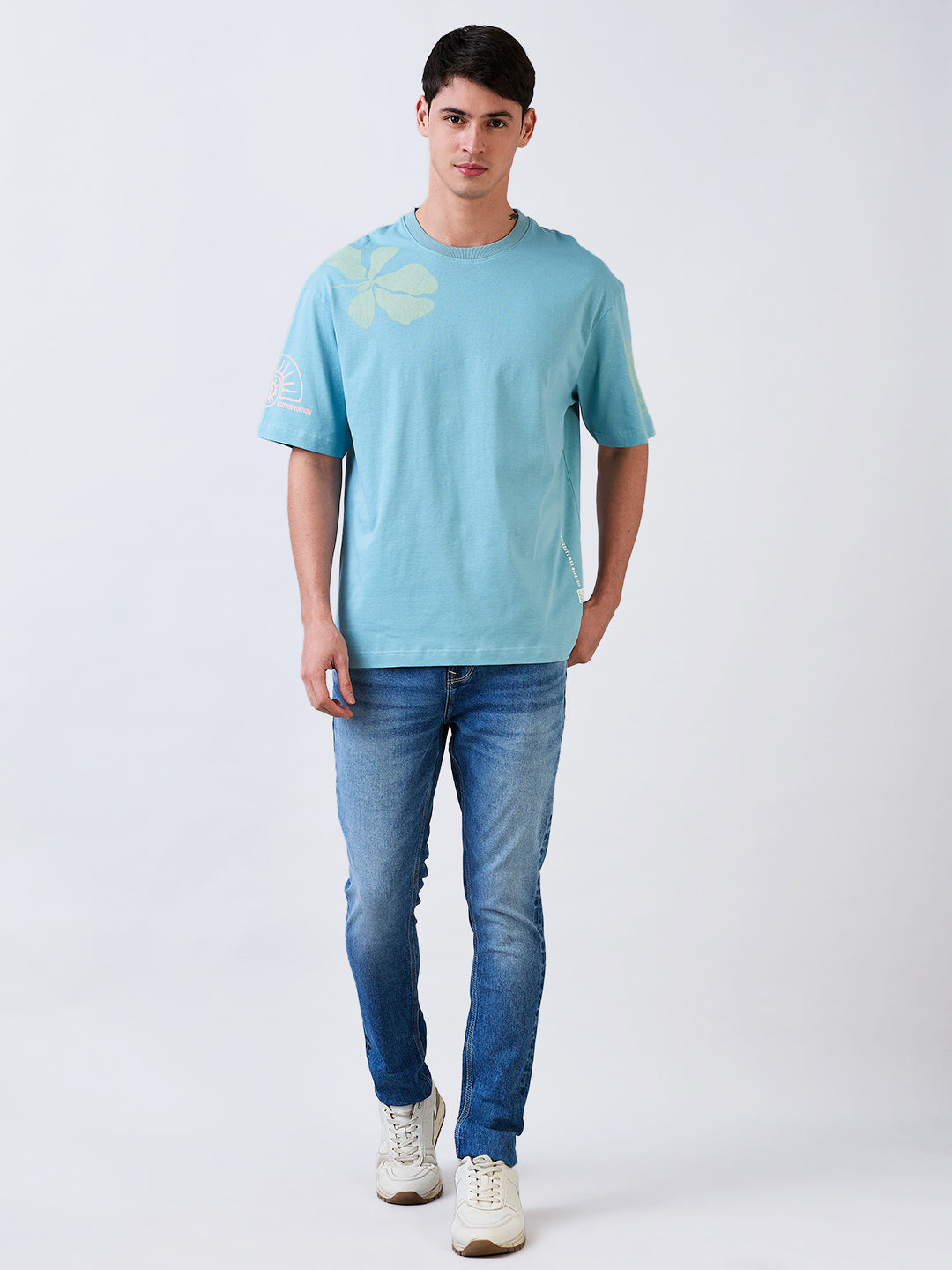 Spykar Blue Loose Fit Solid Half Sleeve T-Shirt For Men