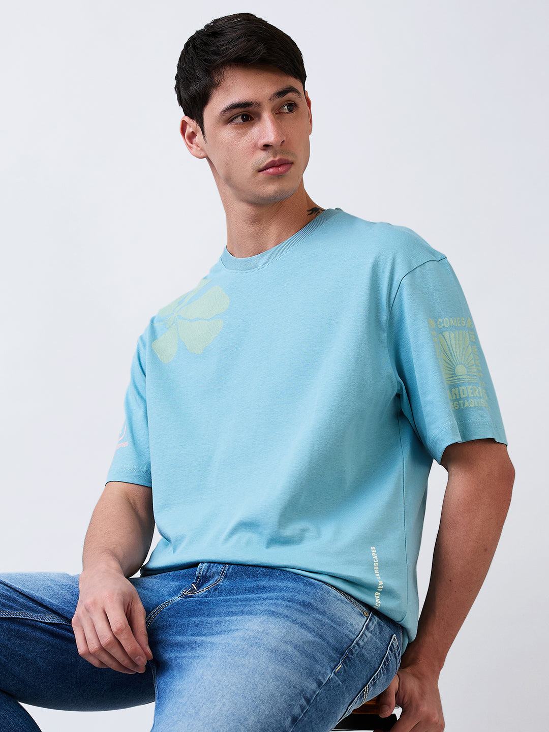 Spykar Blue Loose Fit Solid Half Sleeve T-Shirt For Men