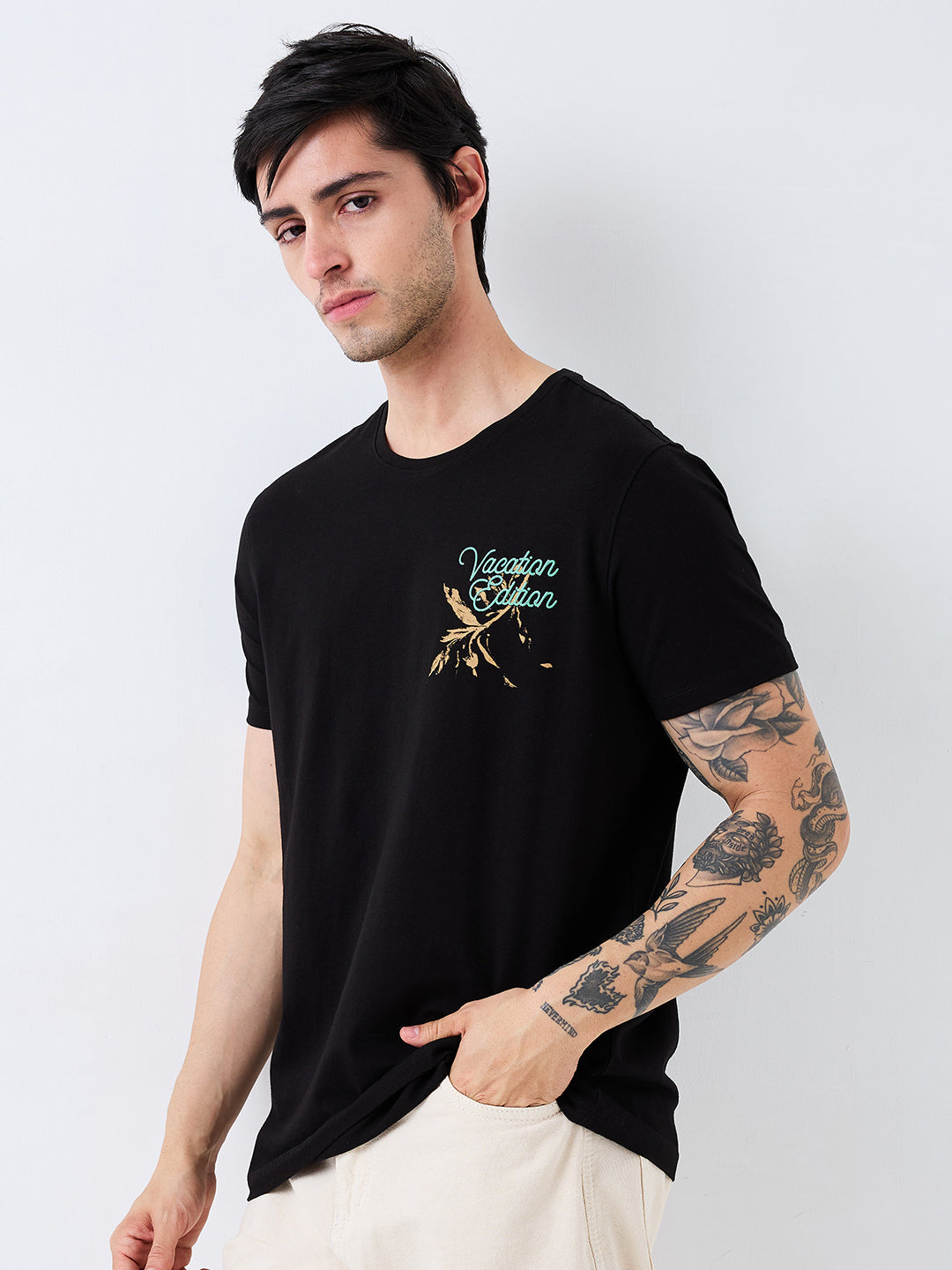 Spykar Black Slim Fit Solid Half Sleeve T-Shirt For Men