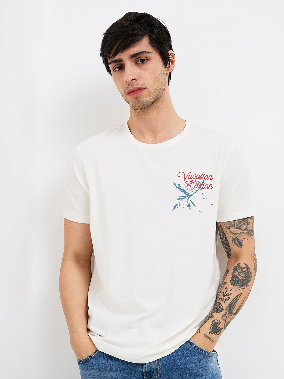 Spykar White Slim Fit Solid Half Sleeve T-Shirt For Men