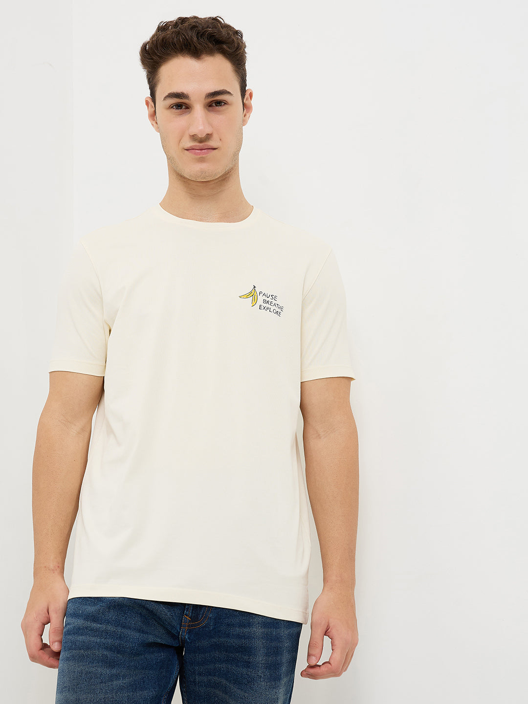 Spykar White Slim Fit Solid Half Sleeve T-Shirt For Men