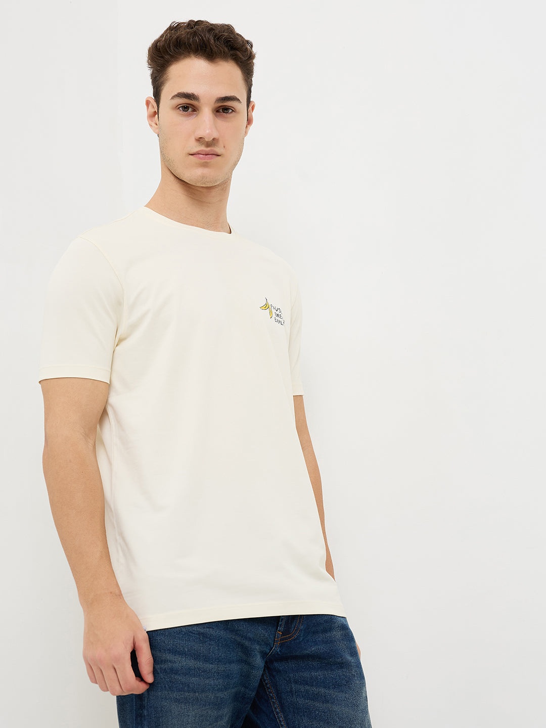 Spykar White Slim Fit Solid Half Sleeve T-Shirt For Men