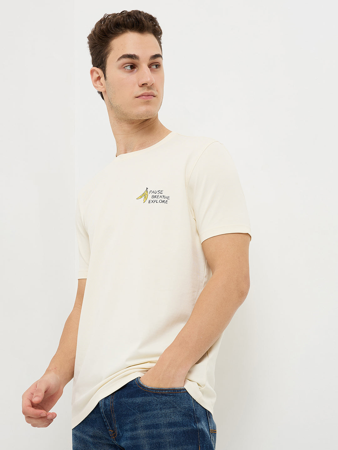 Men T-Shirt White Solid Slim Fit