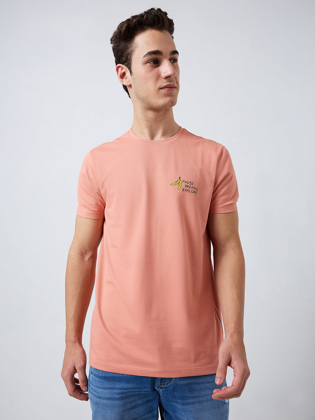 Men T-Shirt Pink Solid Slim Fit