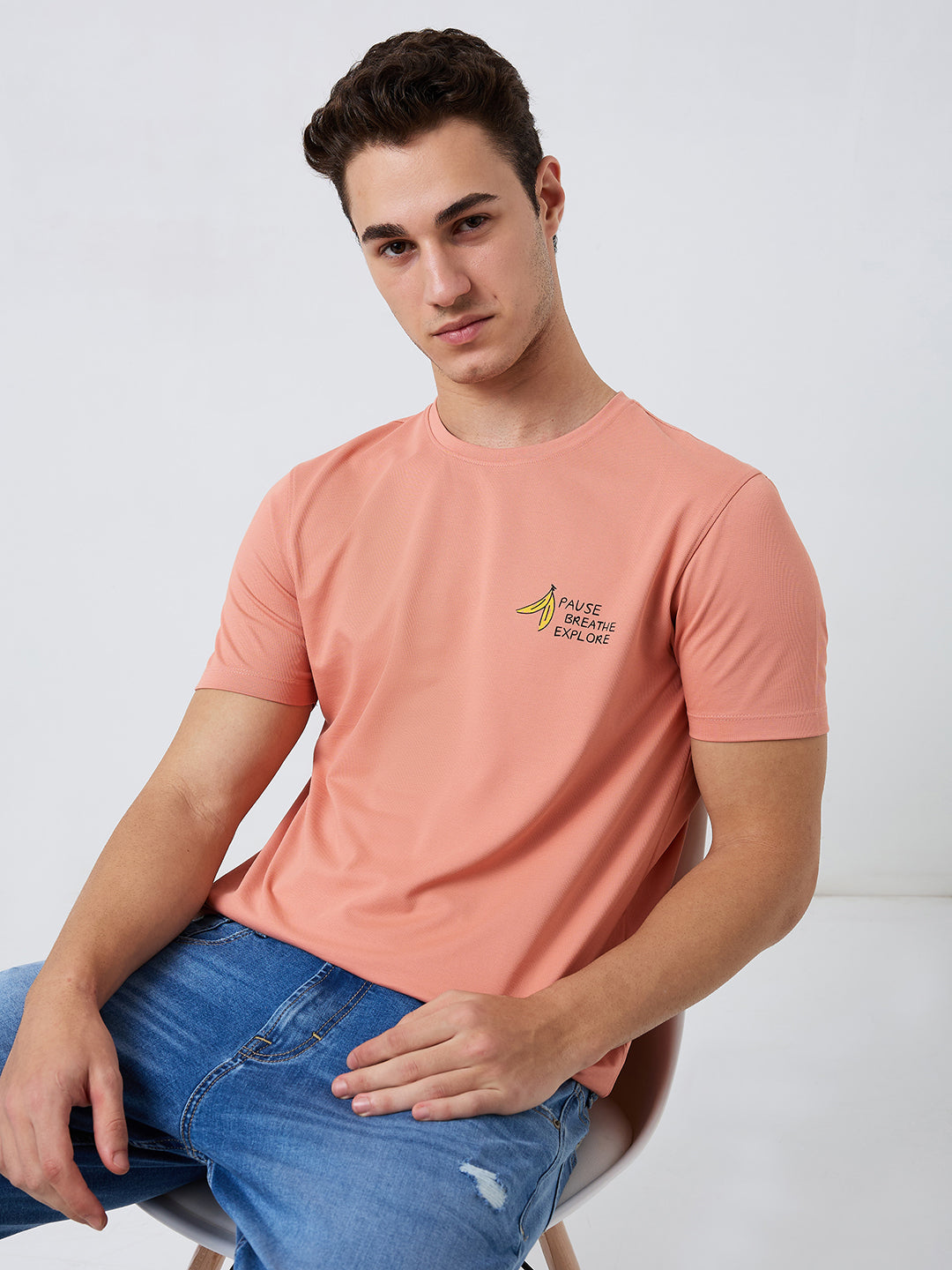 Spykar Pink Slim Fit Solid Half Sleeve T-Shirt For Men