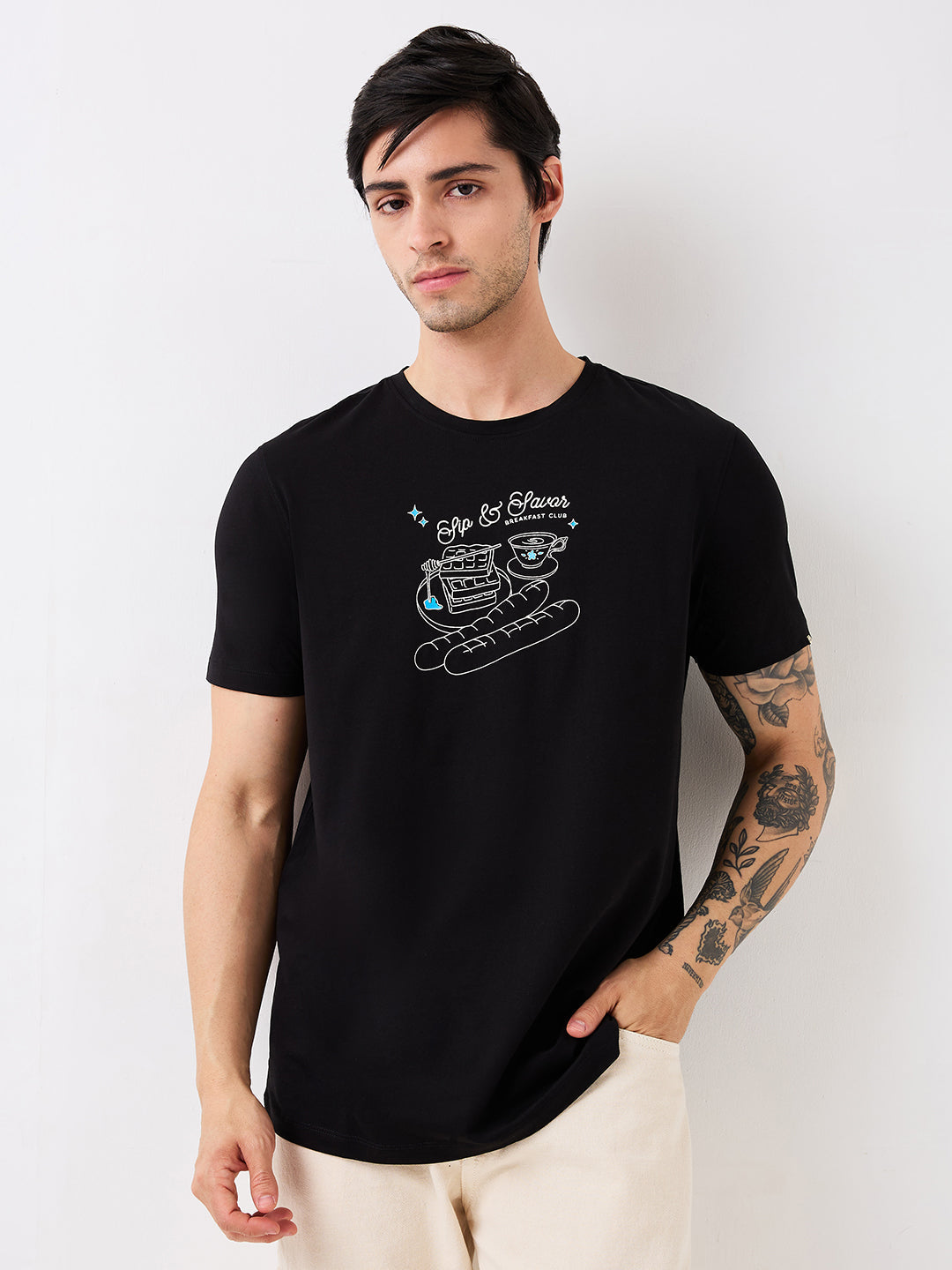 Spykar Black Slim Fit Solid Half Sleeve T-Shirt For Men