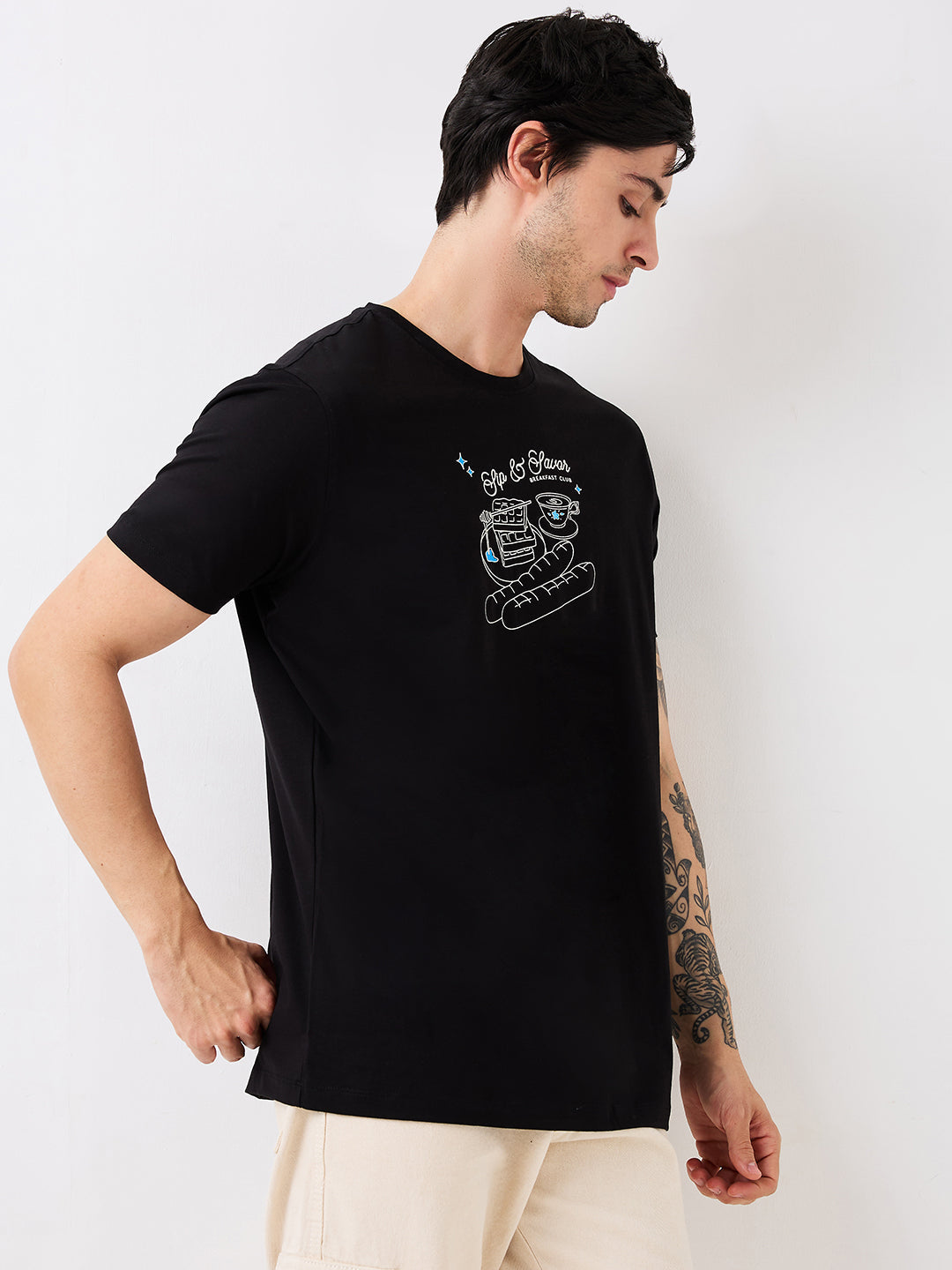 Spykar Black Slim Fit Solid Half Sleeve T-Shirt For Men