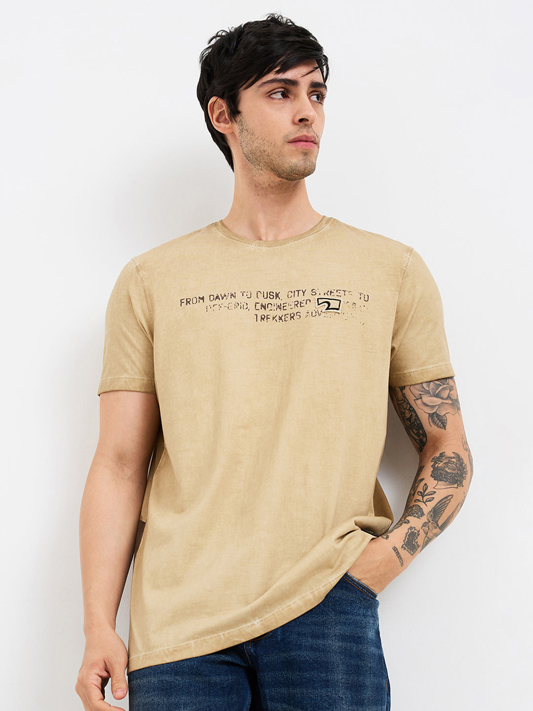 Spykar Beige Slim Fit Solid Half Sleeve T-Shirt For Men