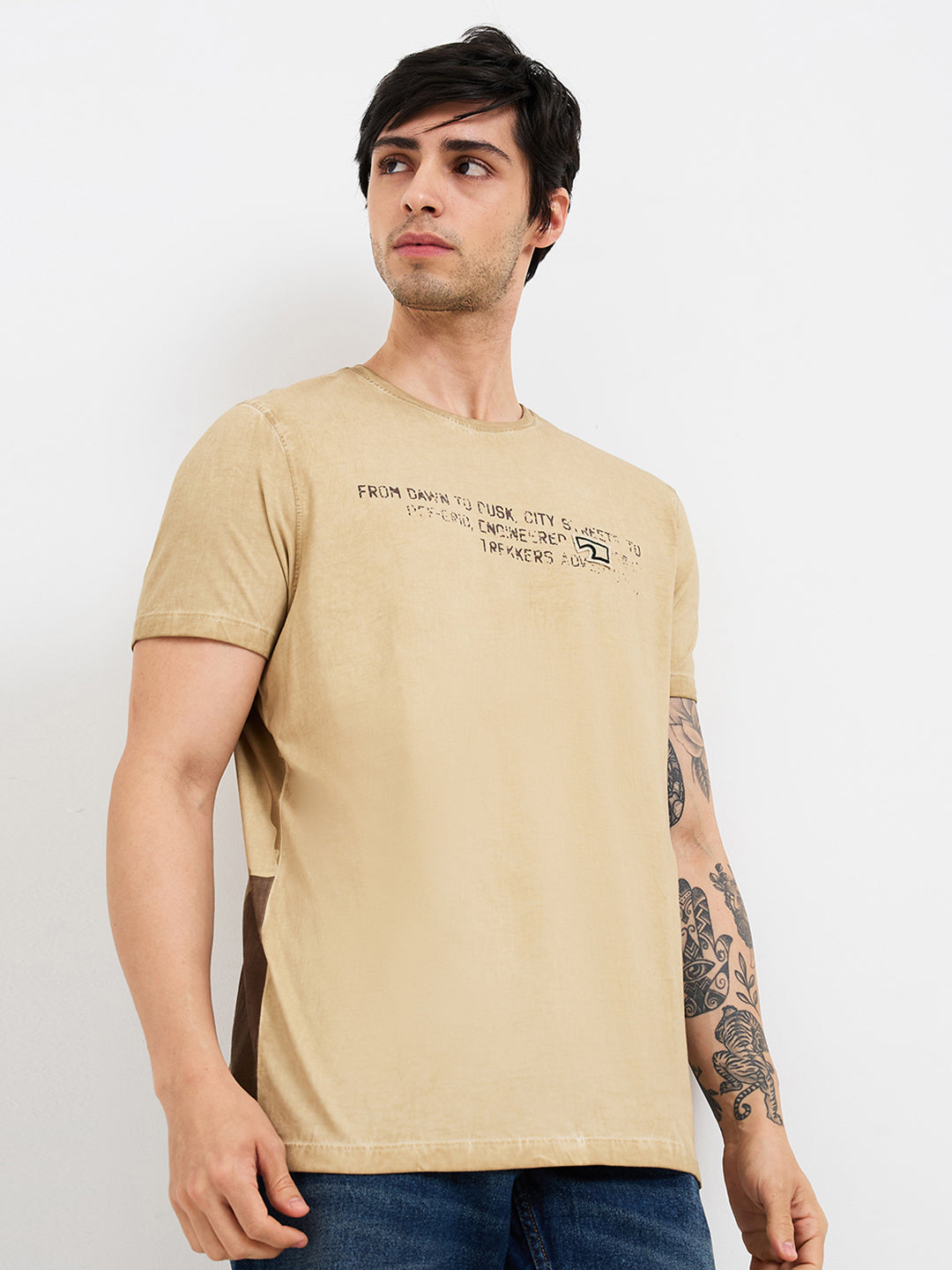 Spykar Beige Slim Fit Solid Half Sleeve T-Shirt For Men