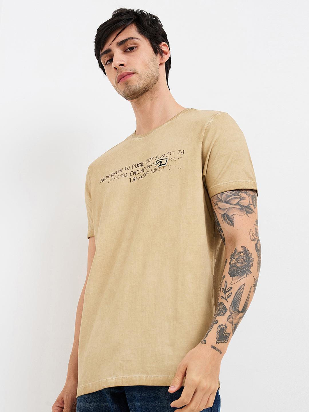 Spykar Beige Slim Fit Solid Half Sleeve T-Shirt For Men