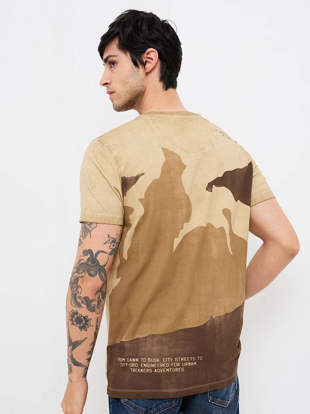 Spykar Beige Slim Fit Solid Half Sleeve T-Shirt For Men