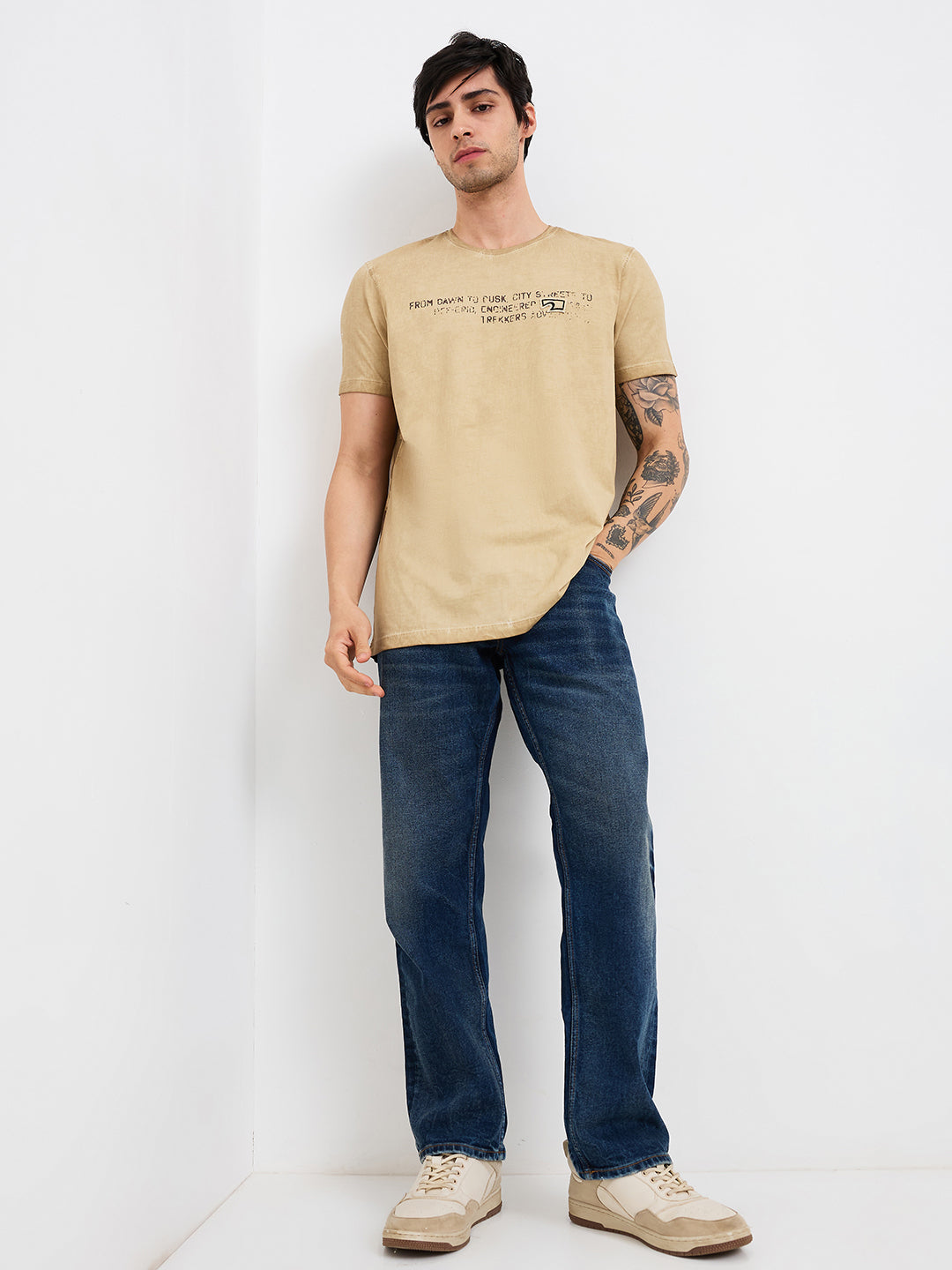 Spykar Beige Slim Fit Solid Half Sleeve T-Shirt For Men