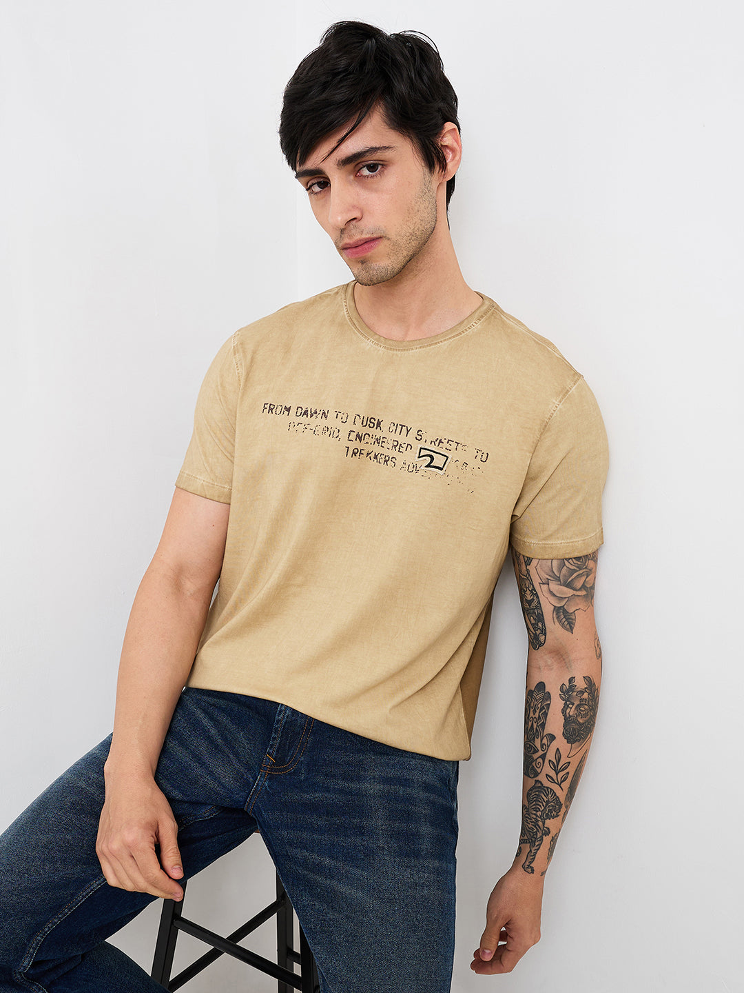 Spykar Beige Slim Fit Solid Half Sleeve T-Shirt For Men