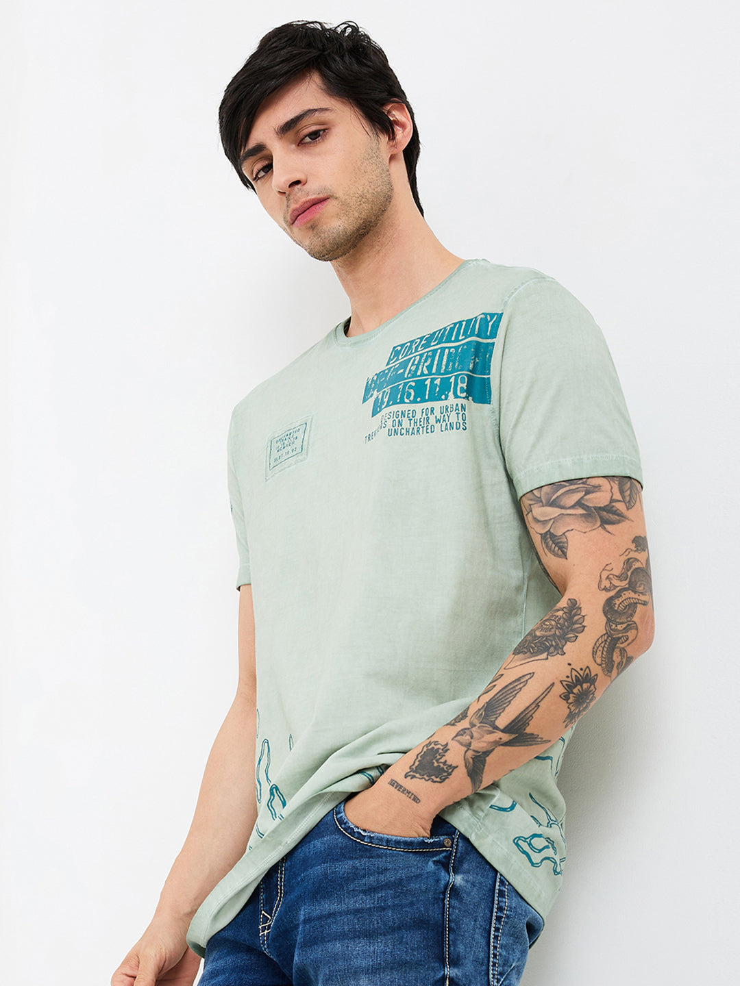 Spykar Green Slim Fit Solid Half Sleeve T-Shirt For Men