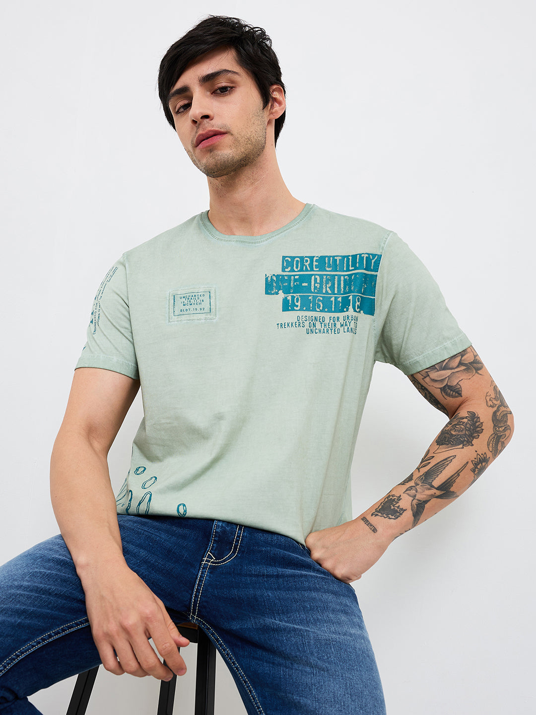 Spykar Green Slim Fit Solid Half Sleeve T-Shirt For Men