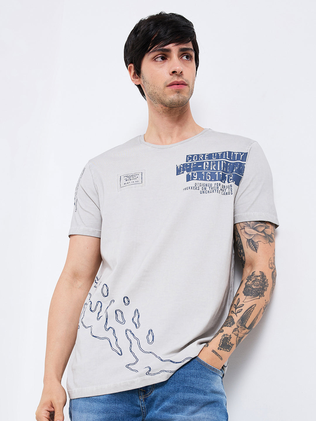 Spykar Grey Slim Fit Solid Half Sleeve T-Shirt For Men