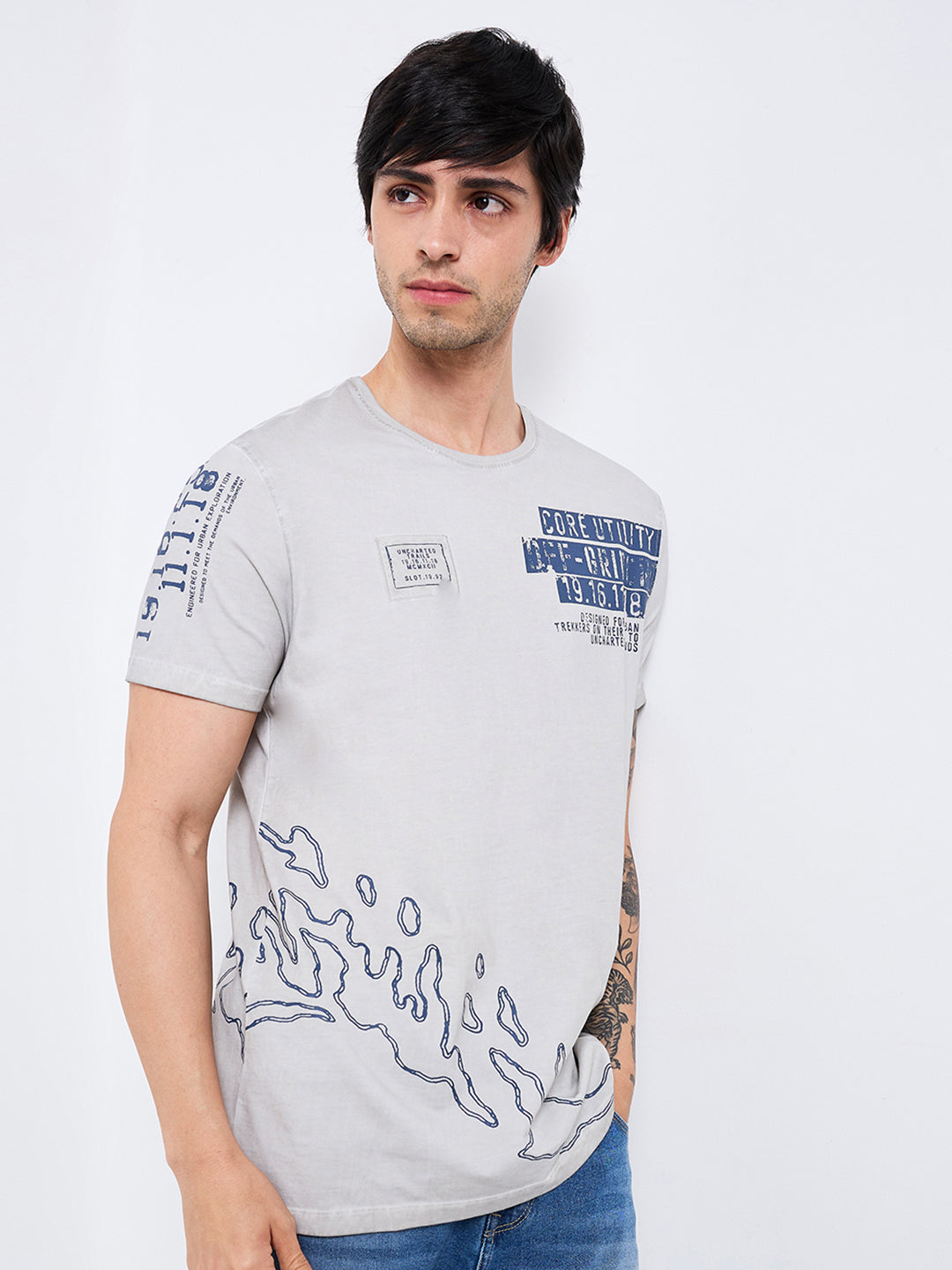 Spykar Grey Slim Fit Solid Half Sleeve T-Shirt For Men