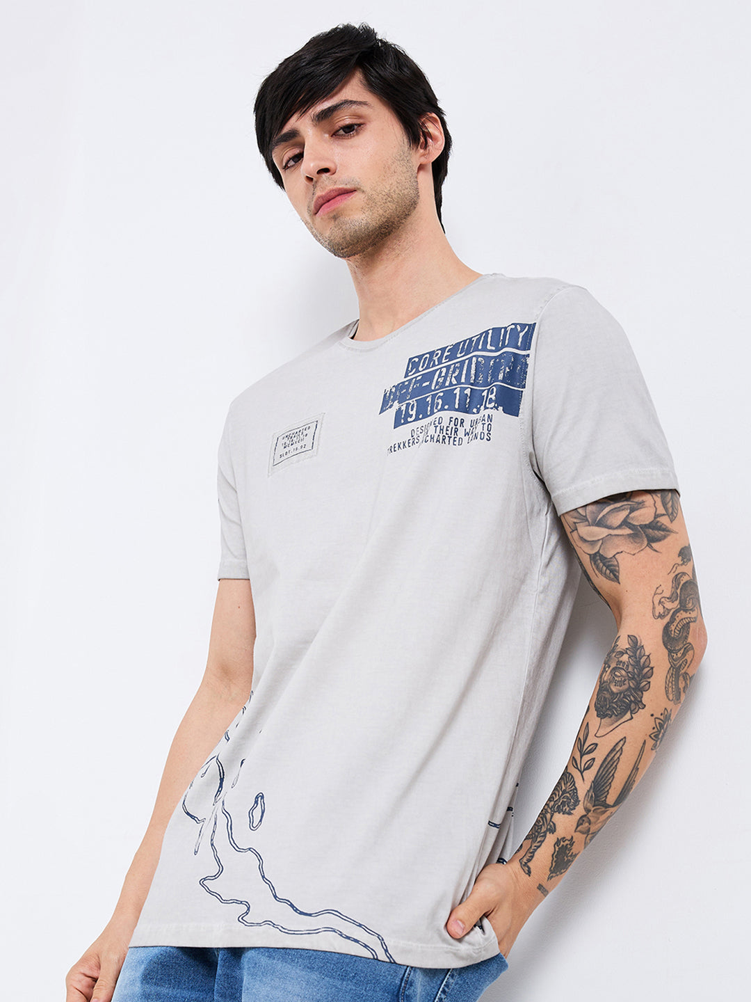 Spykar Grey Slim Fit Solid Half Sleeve T-Shirt For Men