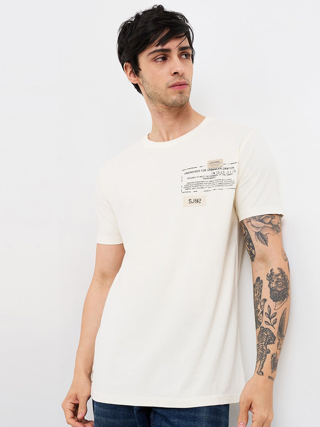 Spykar White Slim Fit Solid Half Sleeve T-Shirt For Men