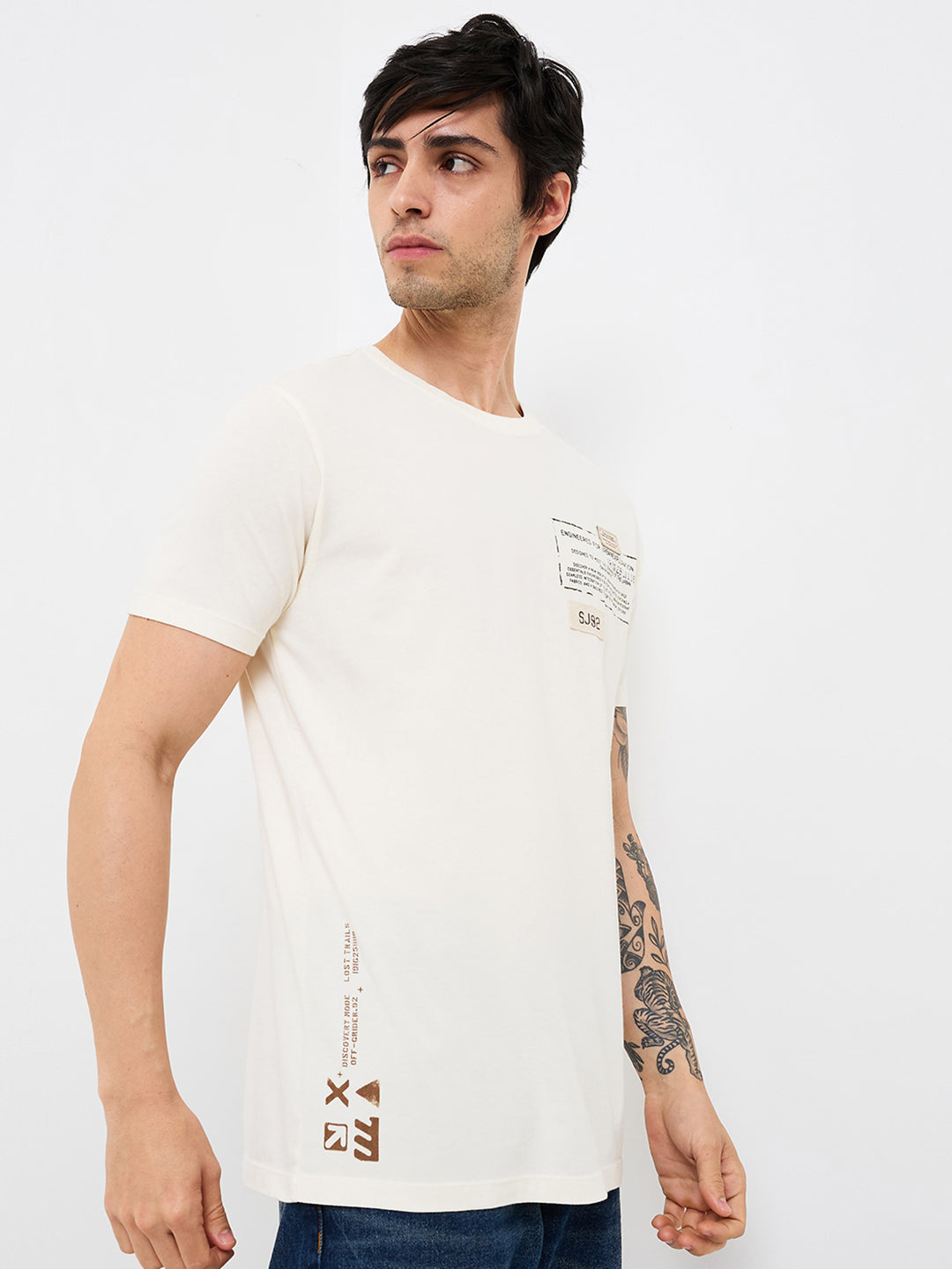 Spykar White Slim Fit Solid Half Sleeve T-Shirt For Men