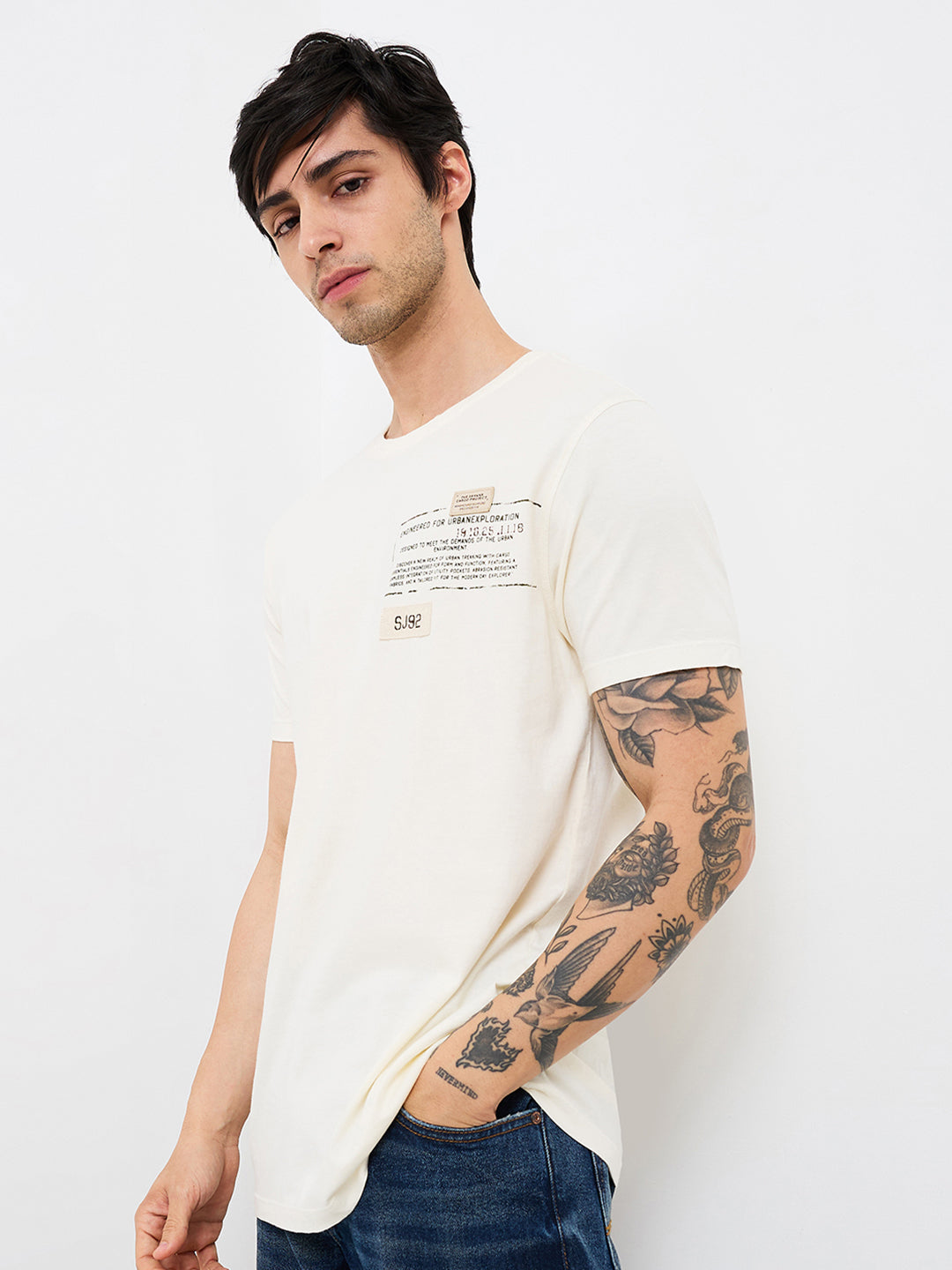 Spykar White Slim Fit Solid Half Sleeve T-Shirt For Men