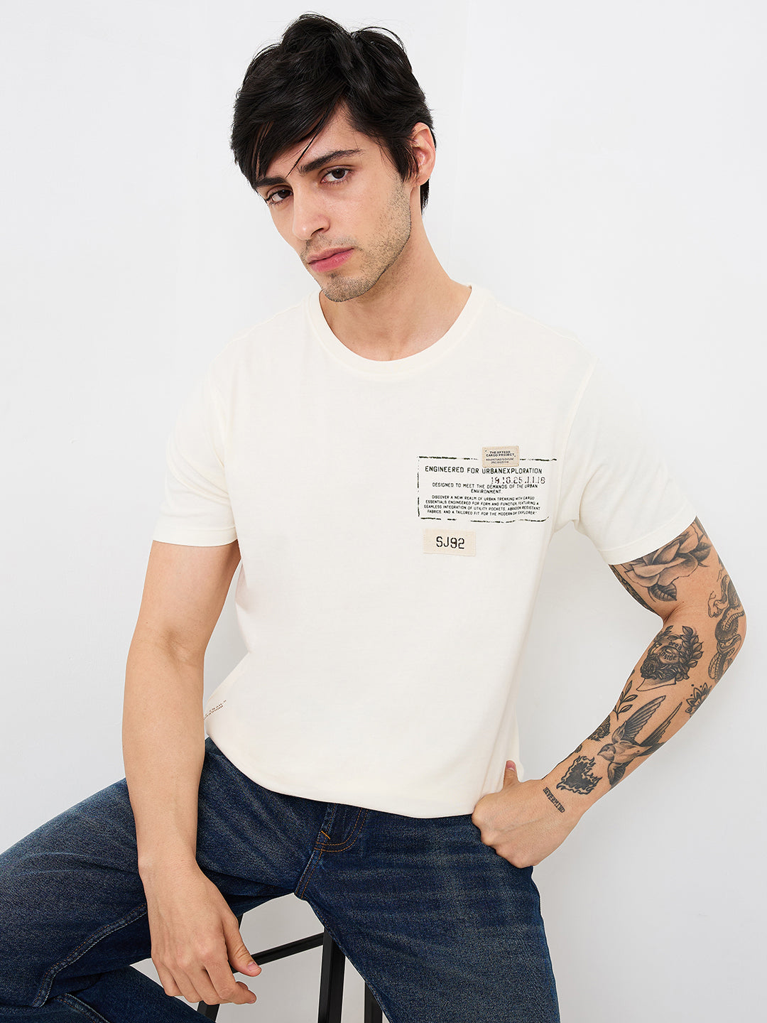 Spykar White Slim Fit Solid Half Sleeve T-Shirt For Men