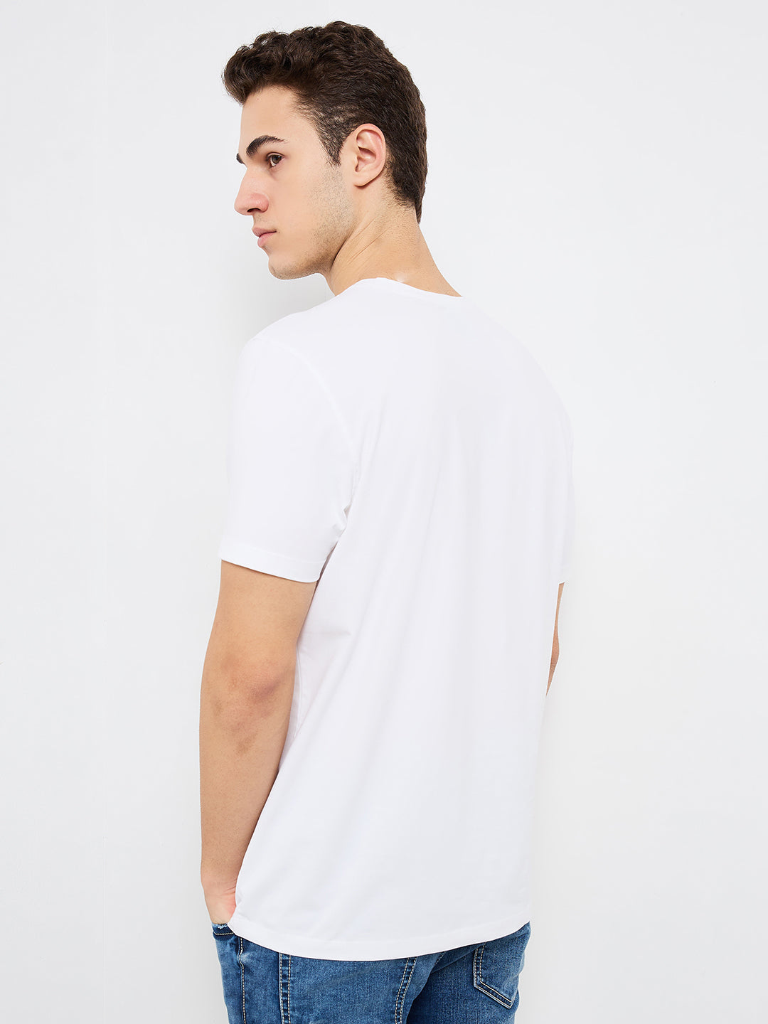 Spykar White Slim Fit Solid Half Sleeve T-Shirt For Men