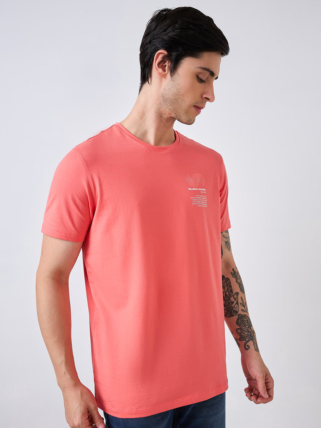 Men T-Shirt Pink Solid Slim Fit