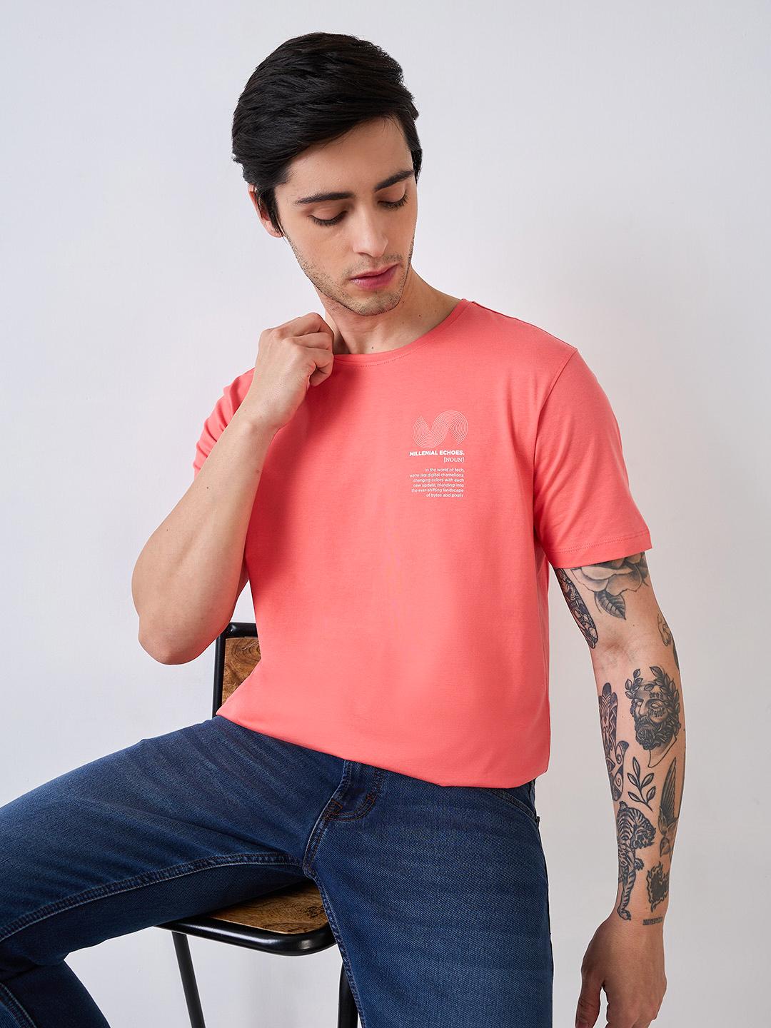 Spykar Pink Half Sleeves Slim Fit Solid T-Shirt For Men