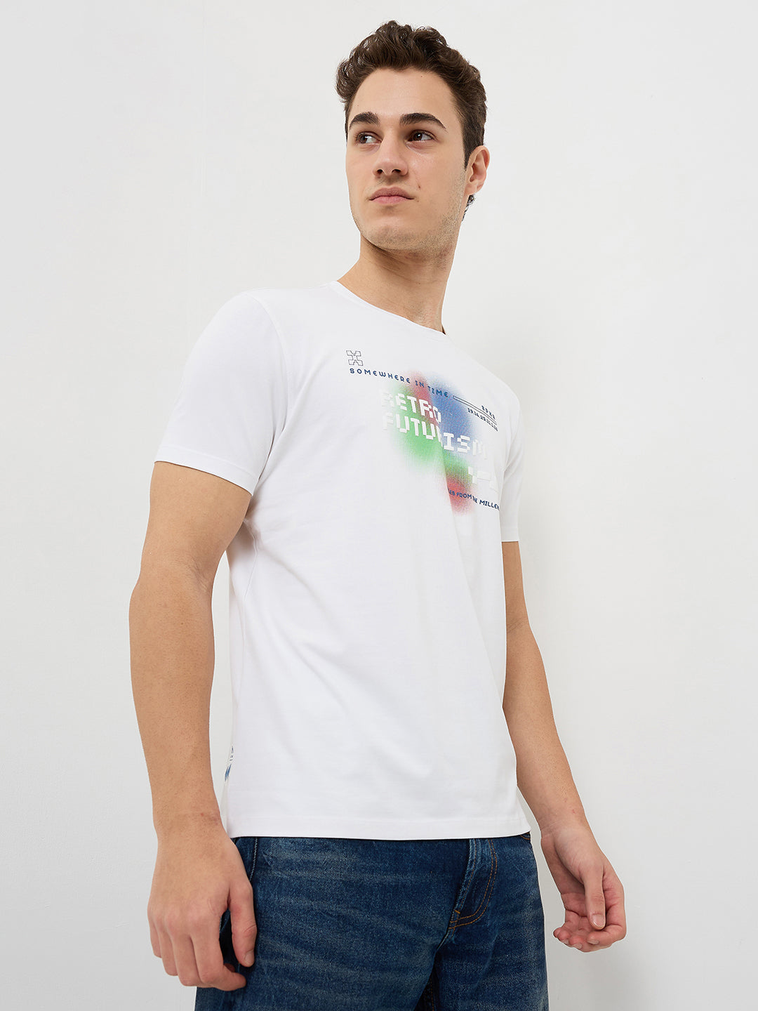 Spykar White Slim Fit Solid Half Sleeve T-Shirt For Men