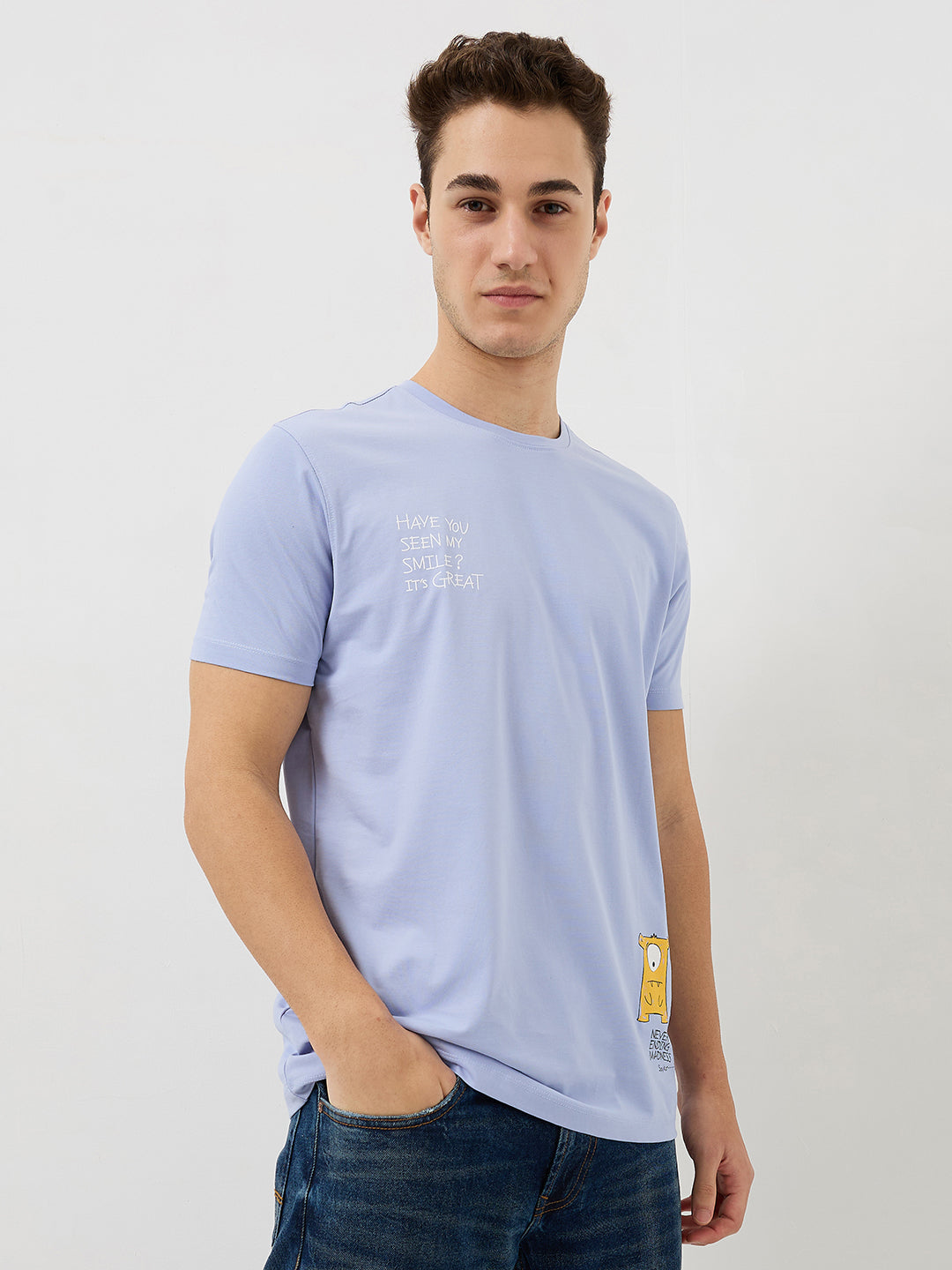 Spykar Blue Slim Fit Solid Half Sleeve T-Shirt For Men