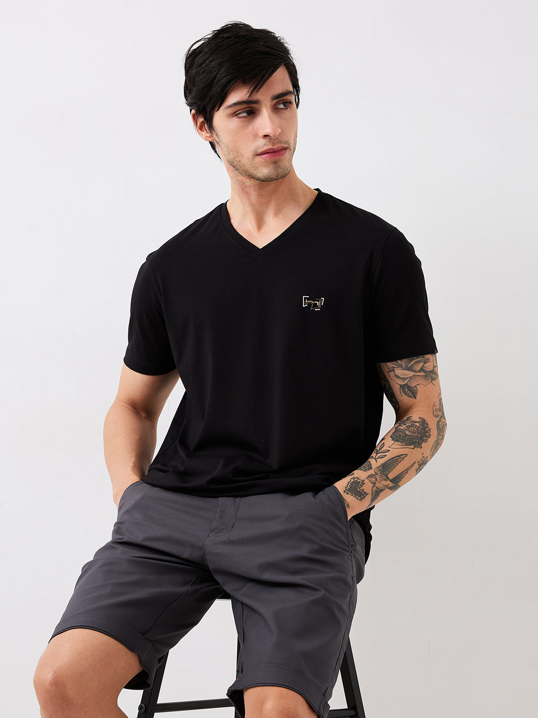 Spykar Black Slim Fit Solid Half Sleeve T-Shirt For Men