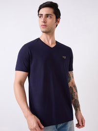 Men T-Shirt Solid Blue Slim Fit