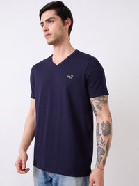 Men T-Shirt Solid Blue Slim Fit