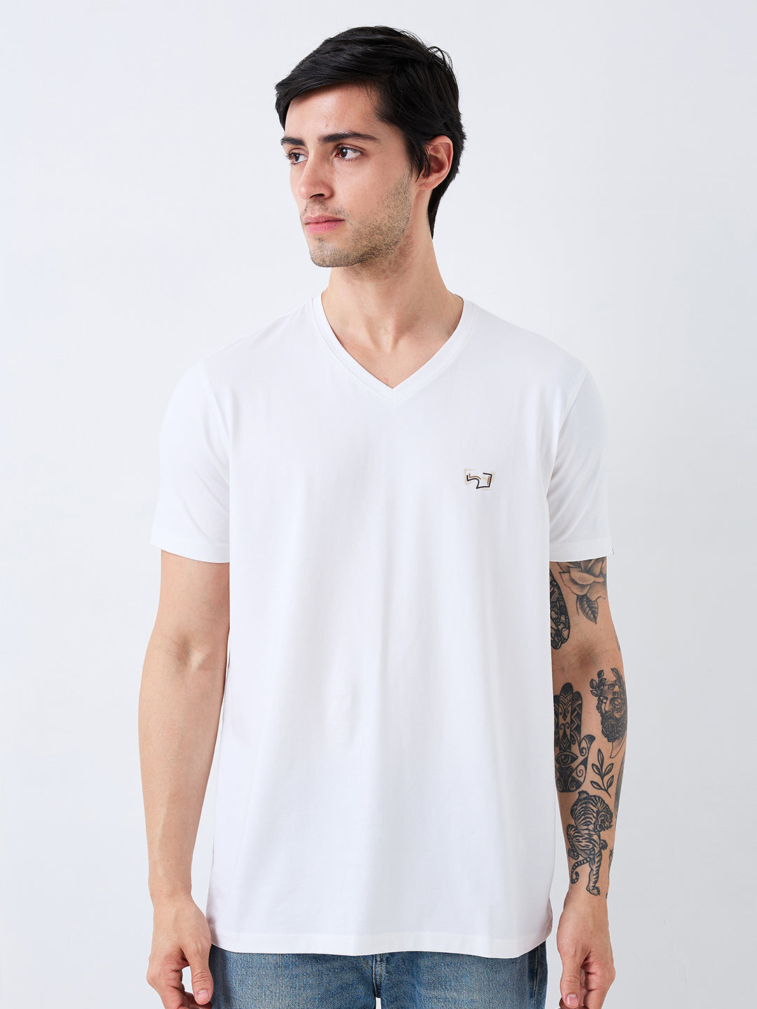 Spykar White Slim Fit Solid Half Sleeve T-Shirt For Men