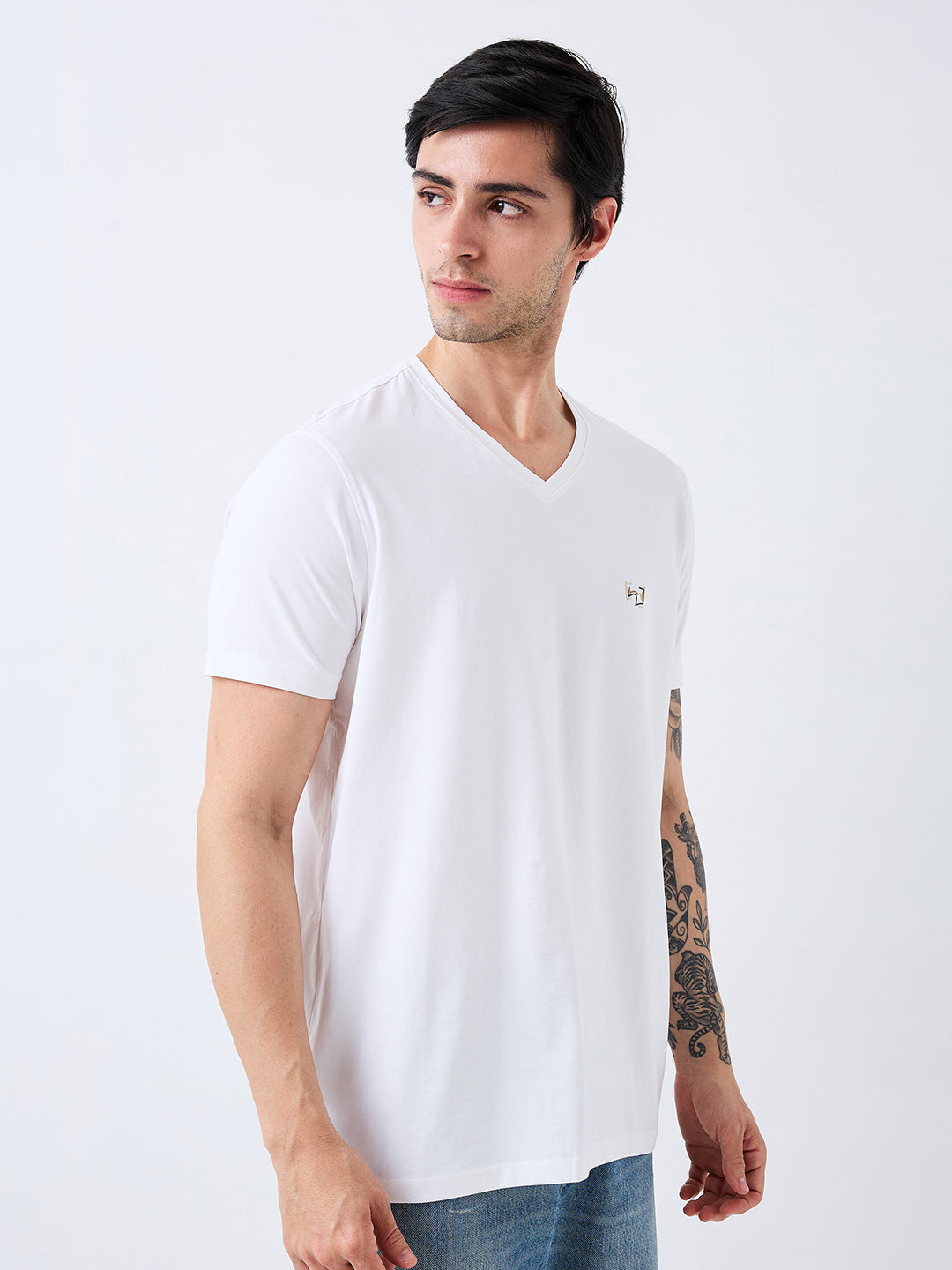 Spykar White Slim Fit Solid Half Sleeve T-Shirt For Men